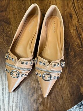 BAMBOO Beige Pointed-Toe Studded Flats
